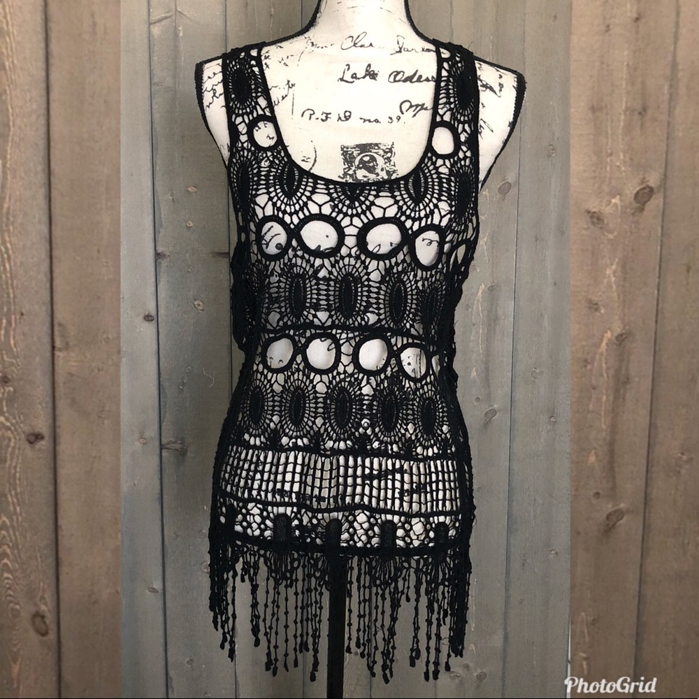 Fringed Tank Beach Swim Cover-up Black Sleeveless Large L Festival Large Weave